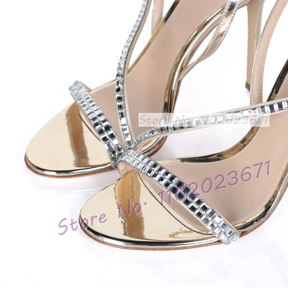 Female Sparkly Slingback Shoes Ladies Party High Heels Open Toe Dress Sandals Square Crystal Cross Straps Luxury