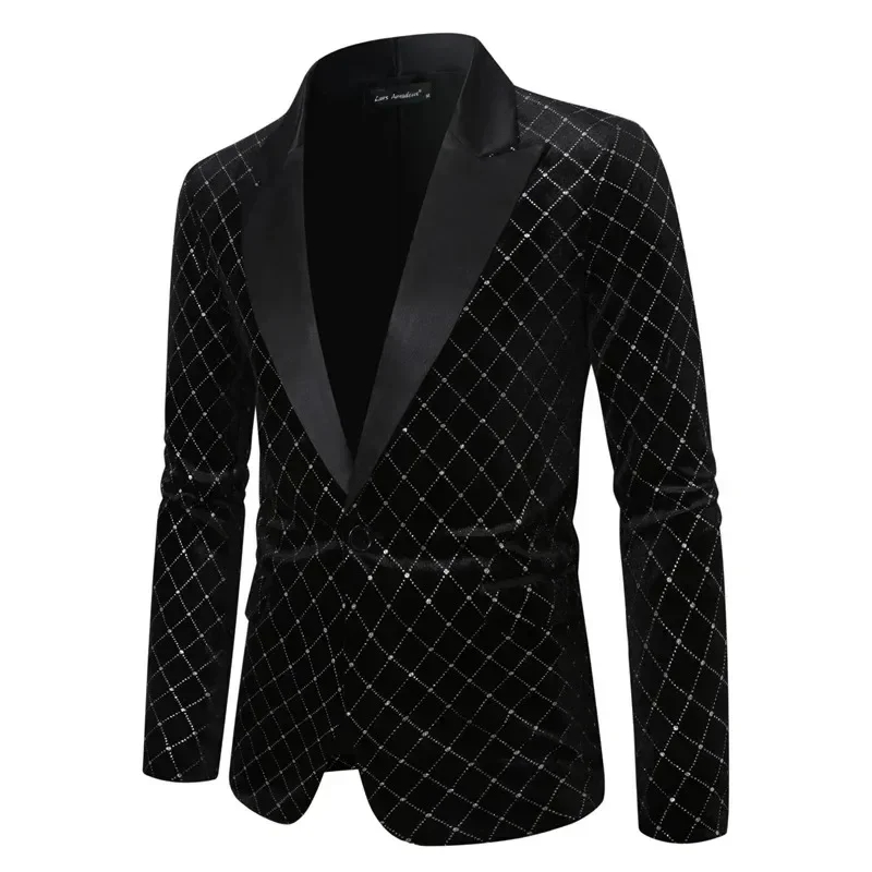 Men Luxury Gold Velvet Suit Single-button Loose Jacket Wedding Party Dress Plaid Blazers