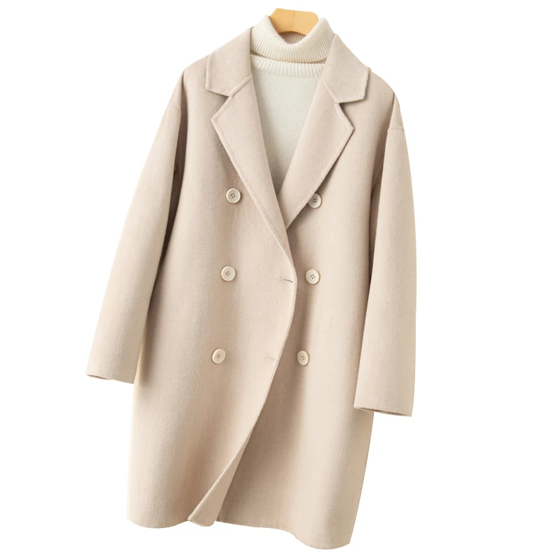 

2023 Winter High-End Suit Collar Double-Sided Woolen Coat Cashmere Women Wool Overcoat Mid-Length Korean Style Loose Over Size