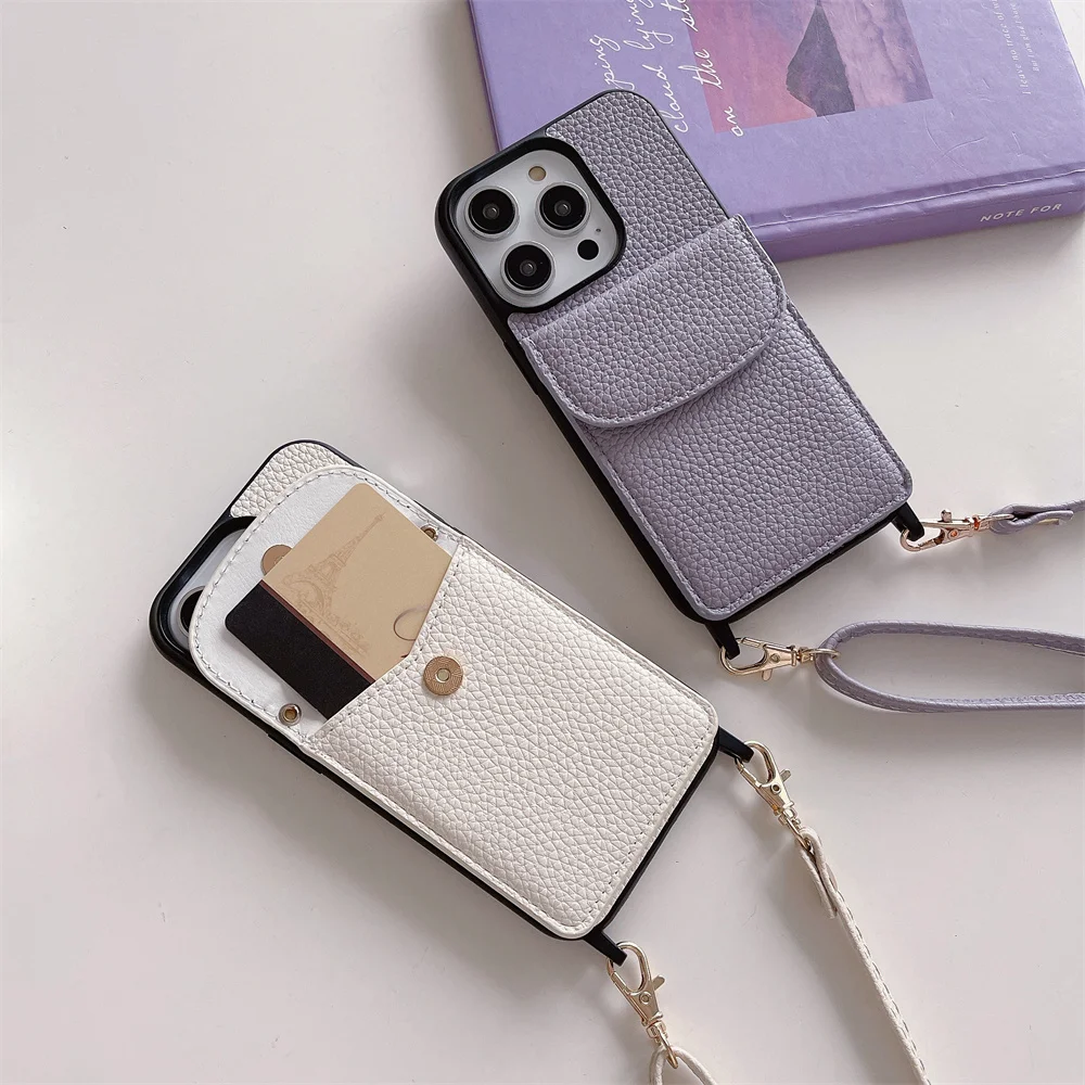 Snap Buckle Wallet Shoulder Strap Phone Case For iPhone 15 15Pro Max 14 Pro  13 12 11 Lichee Pattern Leather Card Pocket Cover - AliExpress