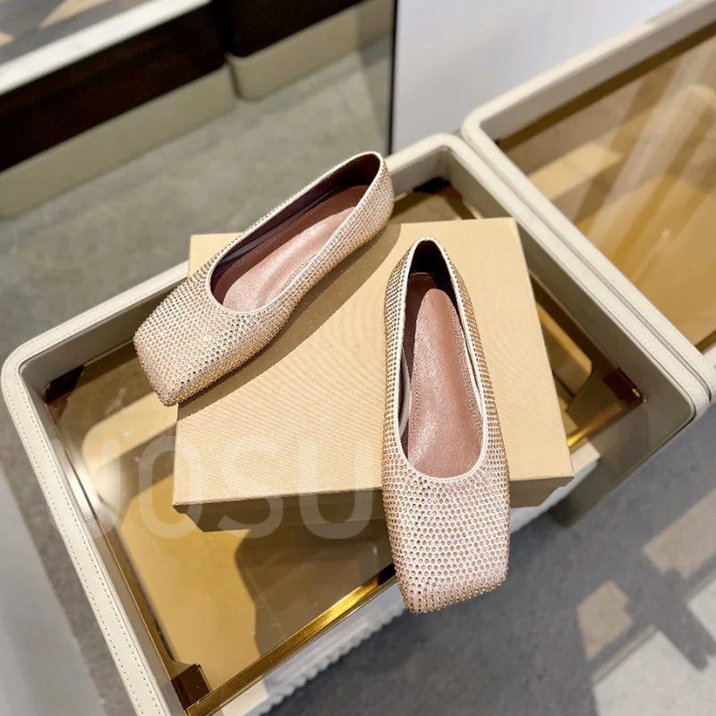Spring and Autumn Women's Shoes Designer Luxury Full Crystal Shallow Banquet Ladies Shoes Square Toe Ballet Shoes Dresses