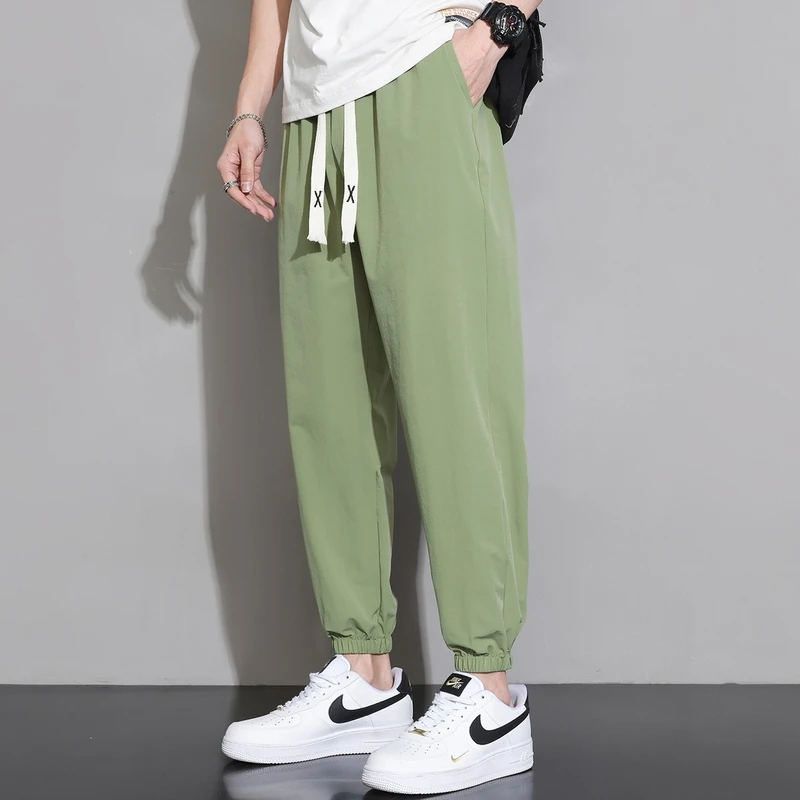 Men Trendy Simple Casual Sports Joggers Ice Silk Harem Pants Summer Male Solid Loose Pockets Cropped Sweatpants Pantalones