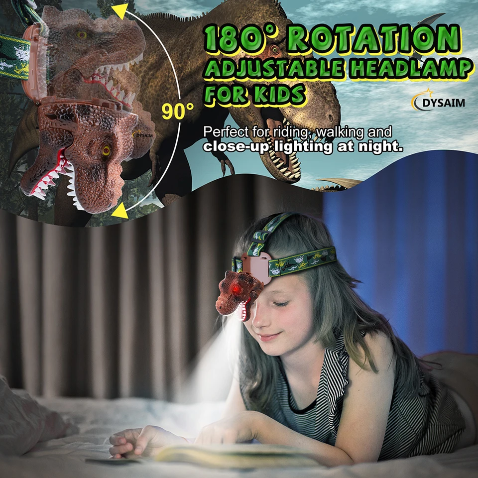 Lelefa Dinosaur Kids Headlamp, T-Rex Dinosaur Led Headlamp Flashlight, Dinosaur Toy Headlamp Flashlight With 4 Lighting Mode For Boys, Girls' Camping, Hiking, Reading And Party (Green