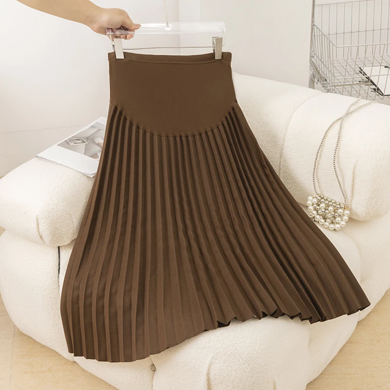 8358# Autumn Winter Fashion Pleated Maternity Skirts Elastic Waist Belly A Line Casual Clothes for Pregnant Women Pregnancy