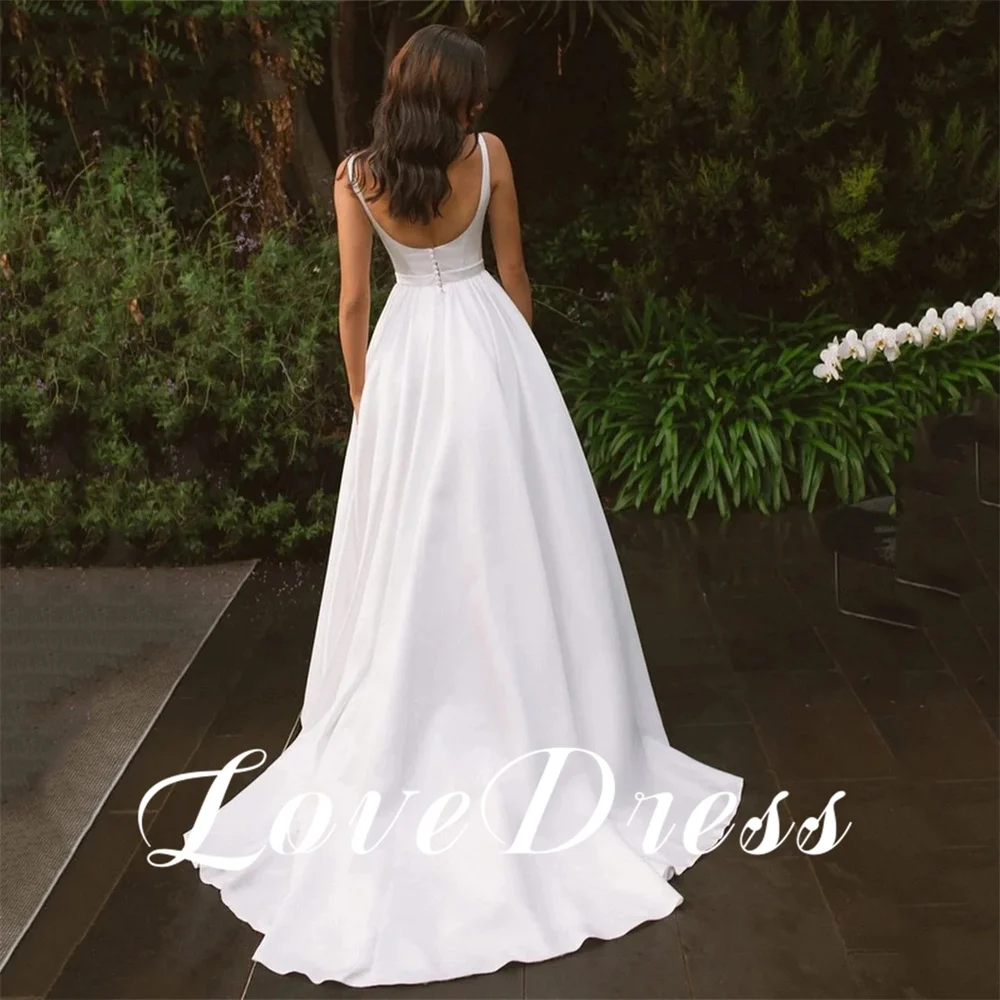 Customized Elegant Pastoral A-Line Spaghetti Stain Square Collar Wedding Dresses Sleeveless Floor Length Bridal Gowns Vestido 2