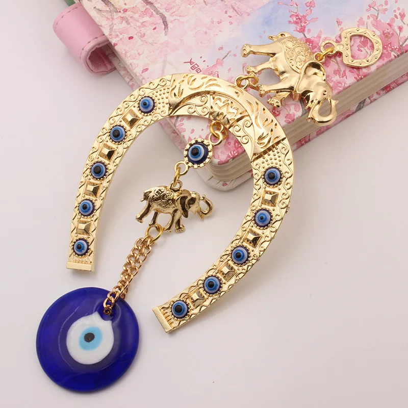 Turkish Blue Glass Eye Amulet Horseshoe With Elephant Ribbon Ethnic Wall Hanging Lucky Pendants Wind Chimes Home Car Decoration wind chimes wall art decor wall hanging pendant crystal wall hanging glass pendant ornament charm decoration