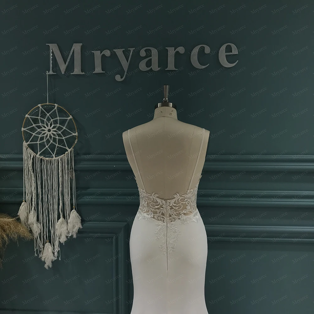 Mryarce Luxury Lace Crepe Wedding Dress Sexy Spaghetti Straps Long Train Bridal Gowns 6