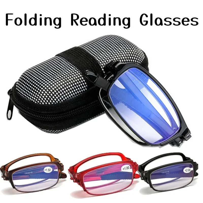 

Folding Reading Glasses with Box Blue Light Blocking Ultralight TR Frame Foldable Eyeglasses Men Women Retro Presbyopia Eyewear