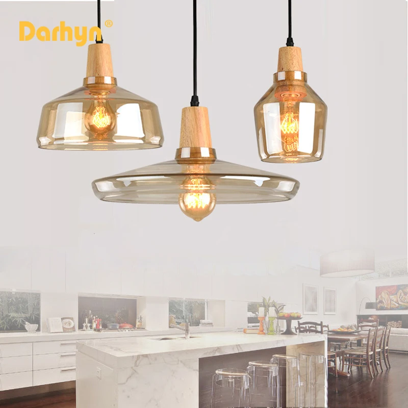 

Nordic Wood Pendant Lights Glass Loft Industrial Decor Hanging Lamp Suspension Luminaire For Living Dining Room Fixtures E27