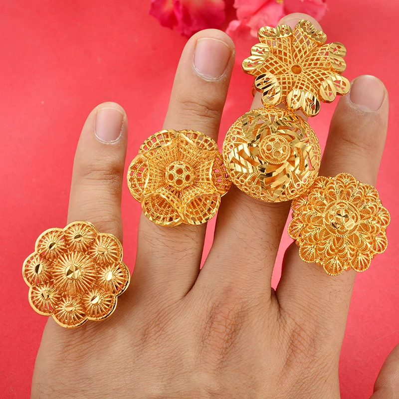 Dubai Big Flower Design Gold Ring Big Dubai Gold Color Rings For