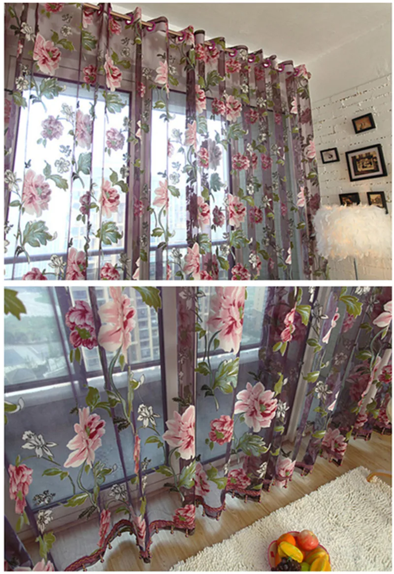 Purple Peony Floral Tulle Sheer Curtains For Living Room Bedroom Kitchen Shade Window Treatment Curtain Blinds Panel window curtains decor curtains light filtering curtains