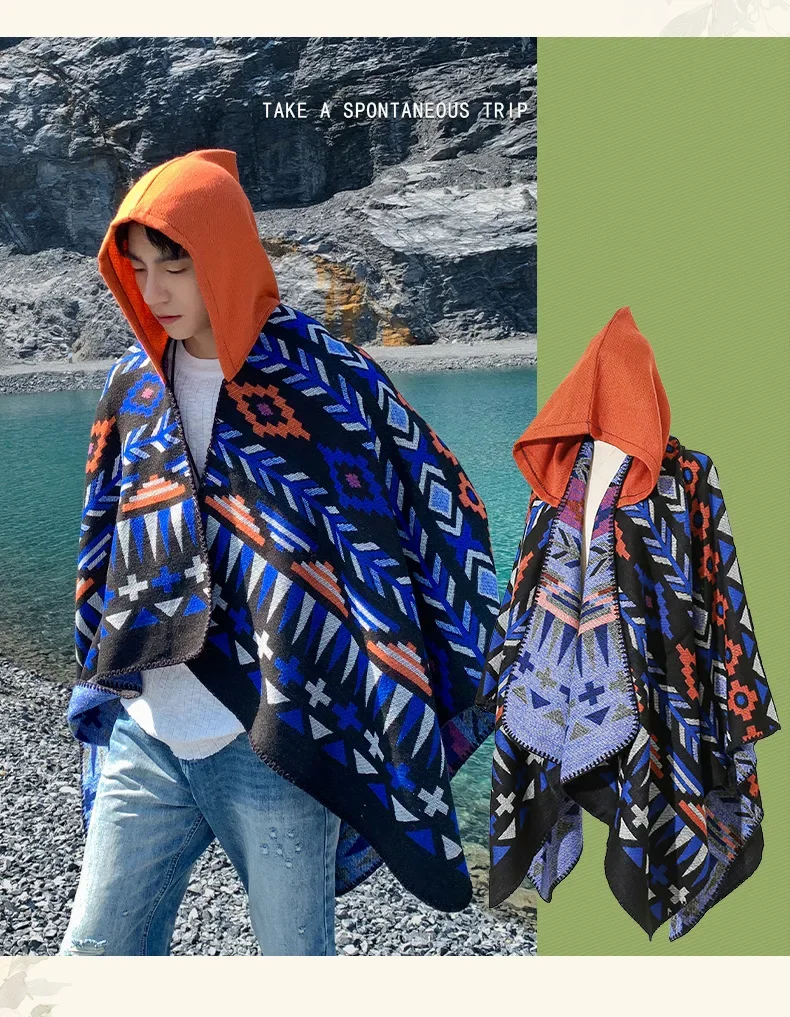 Poncho Herren Imitation Kaschmir Neue Tourismus Umhang Männlich Kapuzenwärme Schal Große Größe Druck Oberbekleidung Herbst Winter Umhänge Schals – Detail 4