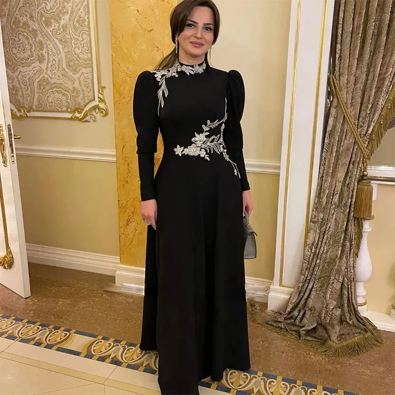 

Black Formal Prom Dress 2024 High Neck Long Sleeve Beaded Muslim Evening Gown Floor Length Satin Arabic Dubai Womens Prom Gowns