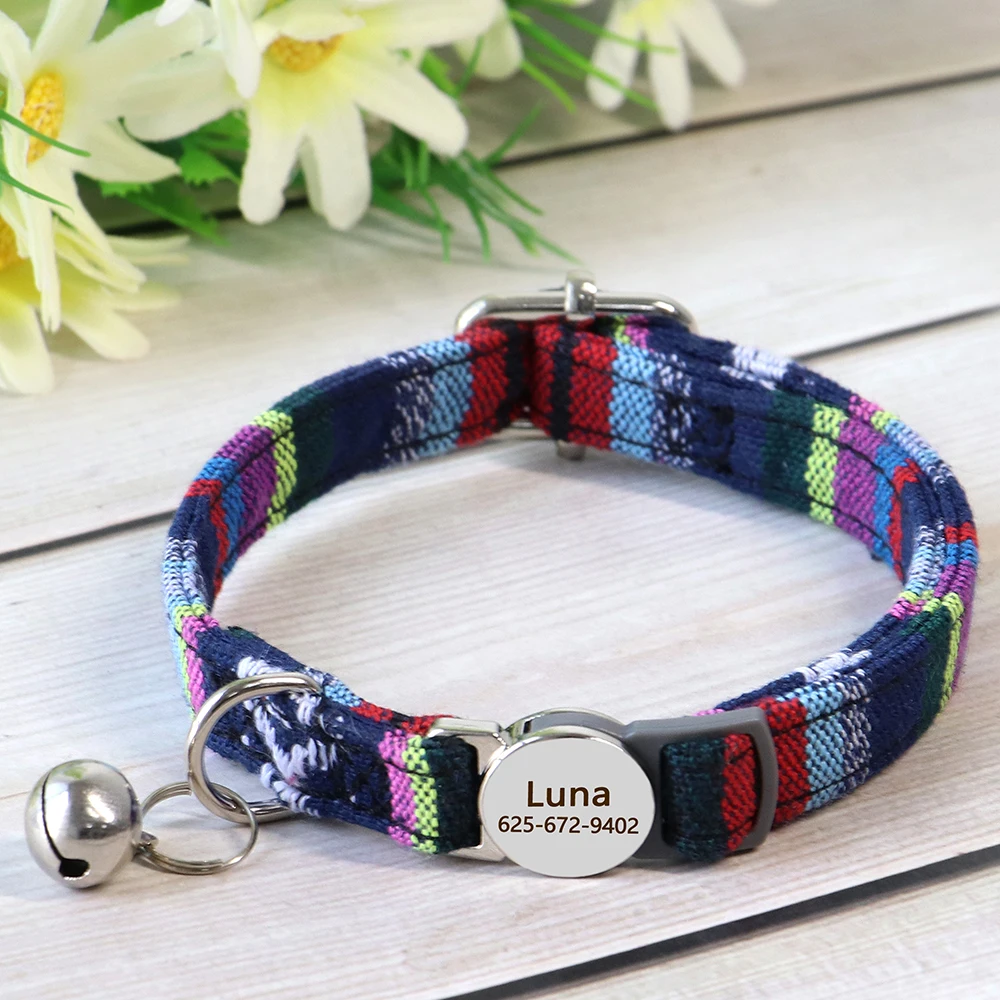 Personalized Nylon Cat Collar Quick Release Puppy Cats Collars Safety Breakaway Pet Kitten Necklace Free Engraved Adjustable 4