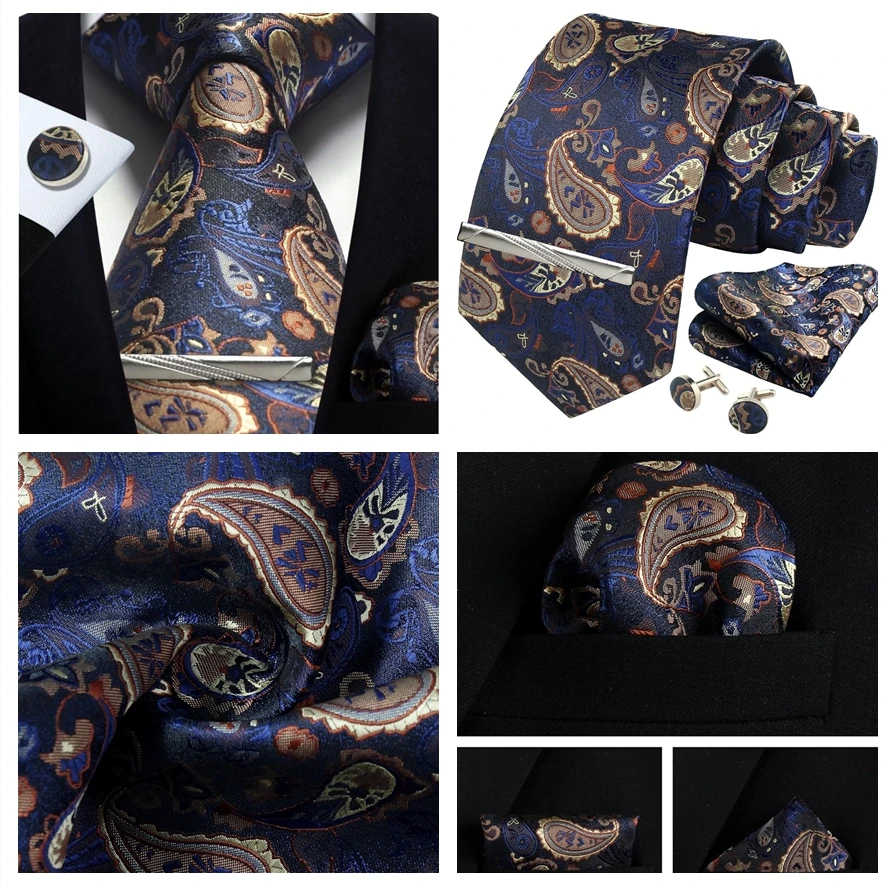 Herren Gold schwarz Paisley Seide Krawatte für Männer Luxus Geschenk klassische Krawatte Taschentuch Manschetten knöpfe Krawatten klammer Set formale Hochzeit Accessoires – Detail 18