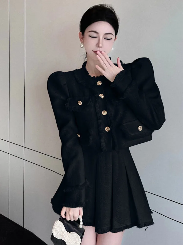 High Quality French Vintage Small Fragrance Two Piece Set Women Short Jacket Coat + Pleated Skirt Suits Luxury Brand 2 Piece Set
