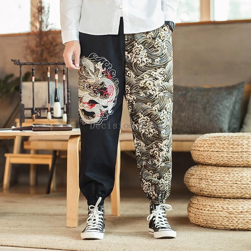 chinese style pants men autumn winter embroidered ankle pants loose haren trend large size martial arts casual