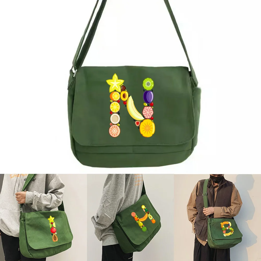Large Capacity Shoulder Bags Green Canvas Leisure Travel Messenger Bag fruit  Initial Name Series Women Crossbody Package