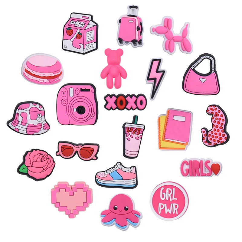 

PVC pink 20pcs/lot hat bear camera heart trunk shoe buckle charms accessories decorations for sandals sneaker clog girls gift