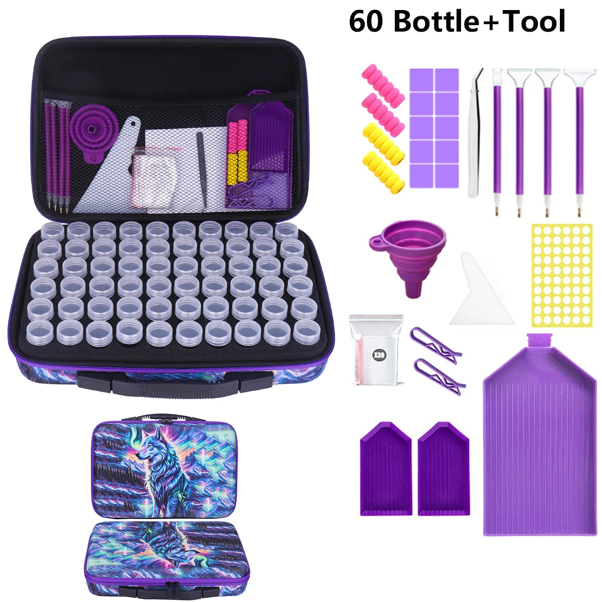 Diamond Painting Wolf Storage Containers, 70 Slots Diamond Painting Bag Kits Accessories and Tools mosaic pen tray bottle
