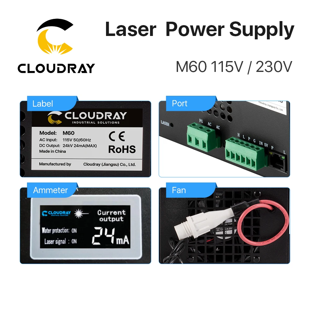 CO2 laser power supply 60W 115V/230V for CO2 laser engraving cutting machine