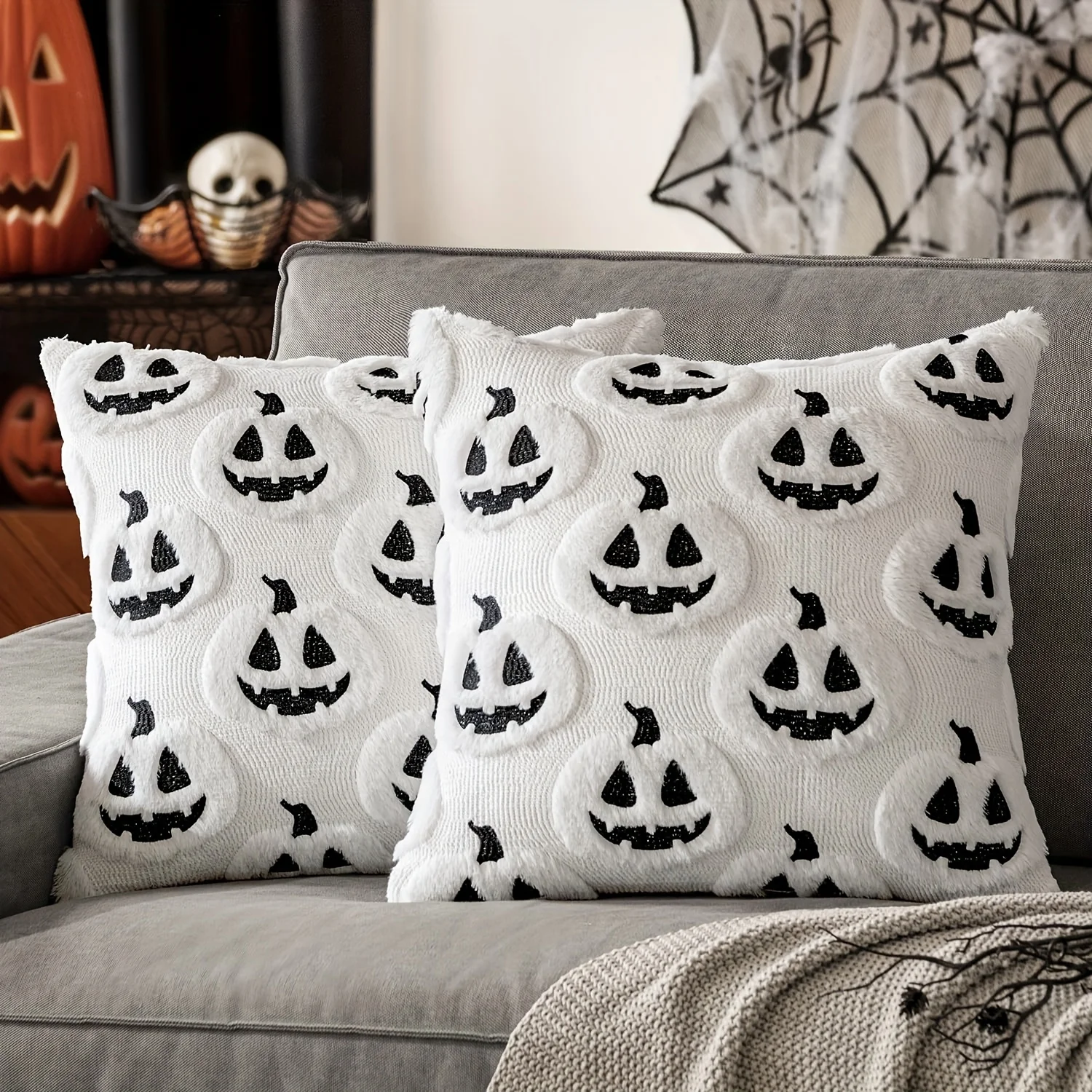 2pcs Soft Plush Halloween Throw Pillow Covers,Pumpkin Decor Cushion Cases with Zipper Closure, Fall Decorations