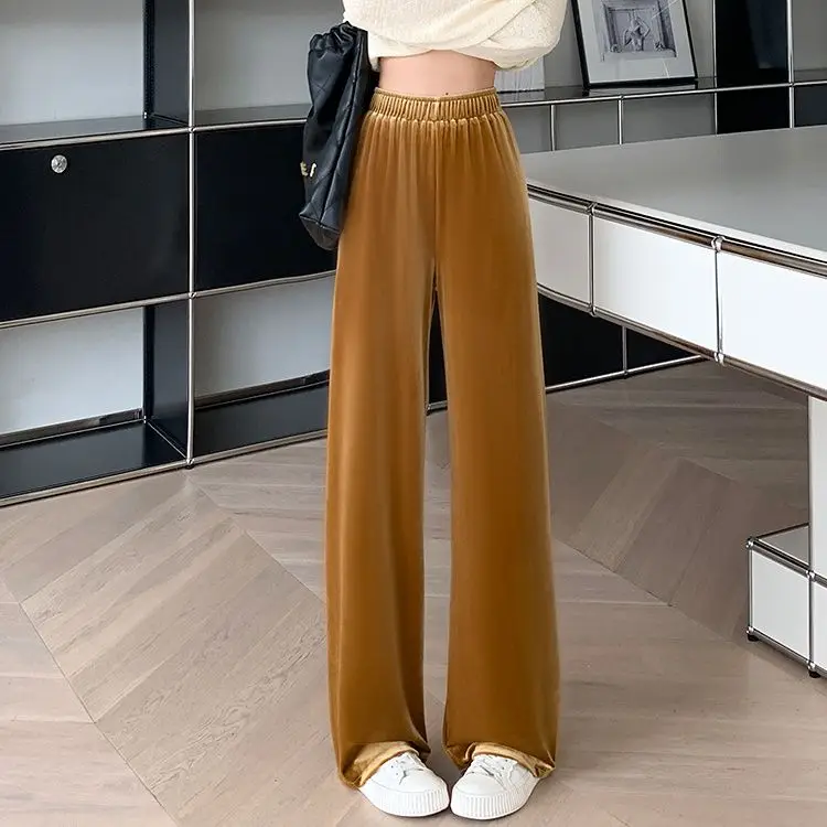 

Women 2024 Autumn Winter New Elastic High Waist Pants Female Casual Velvet Wide Leg Pants Ladies Loose Solid Color Trousers T634