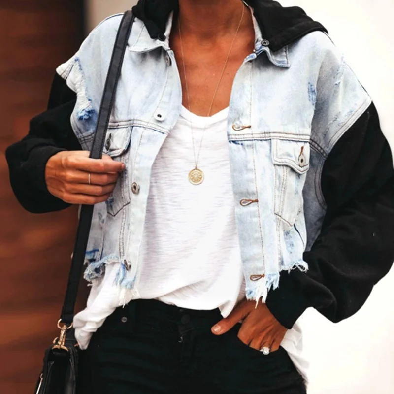 

Women Washed Blue Black Short Jean Coats 2023 Vintage Patchwork Denim Jackets Hooded High Street Casual Jacket Female Overcoat