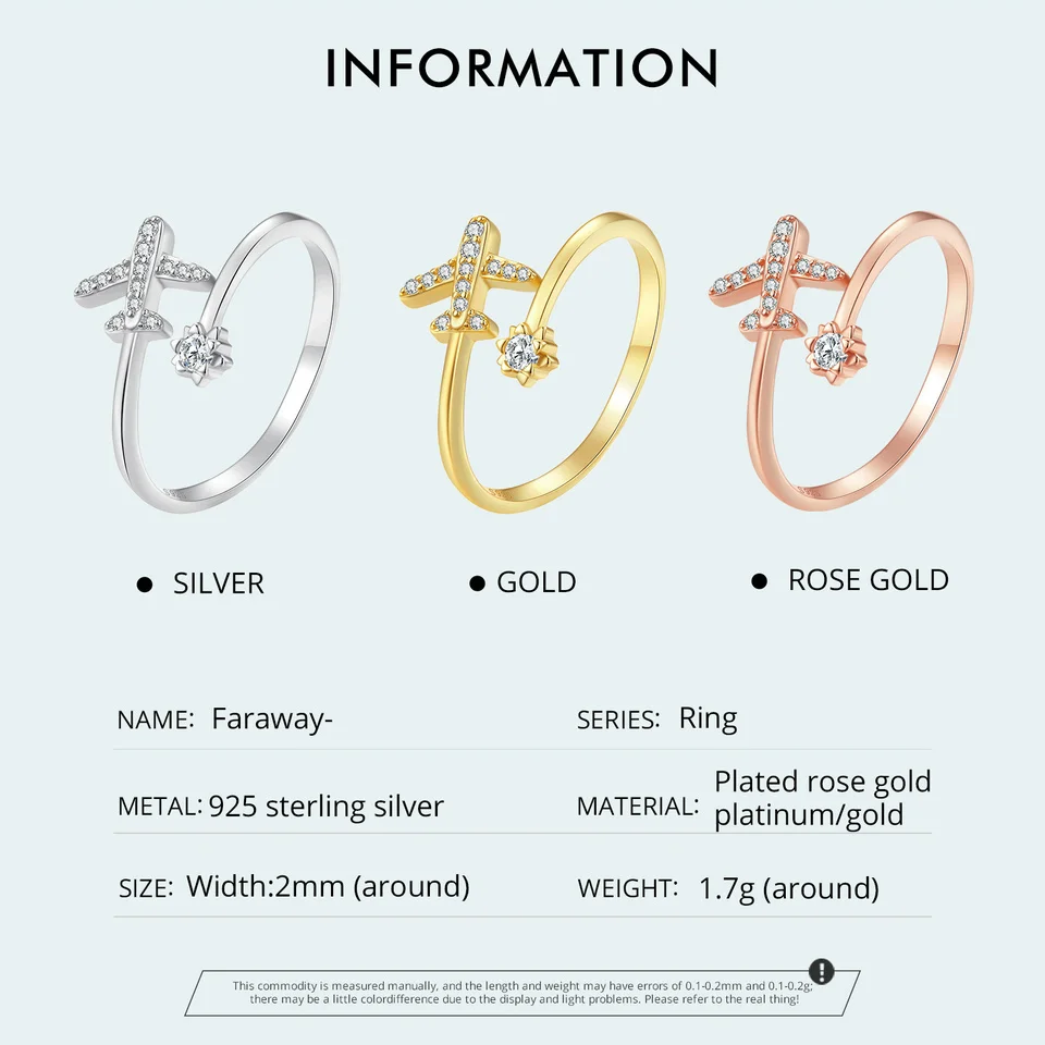 WOSTU 925 Sterling Silver Rose Gold 18K Gold aircraft Opening Rings For Women Delicate Zircon Airplane Ring Party Jewelry Gift