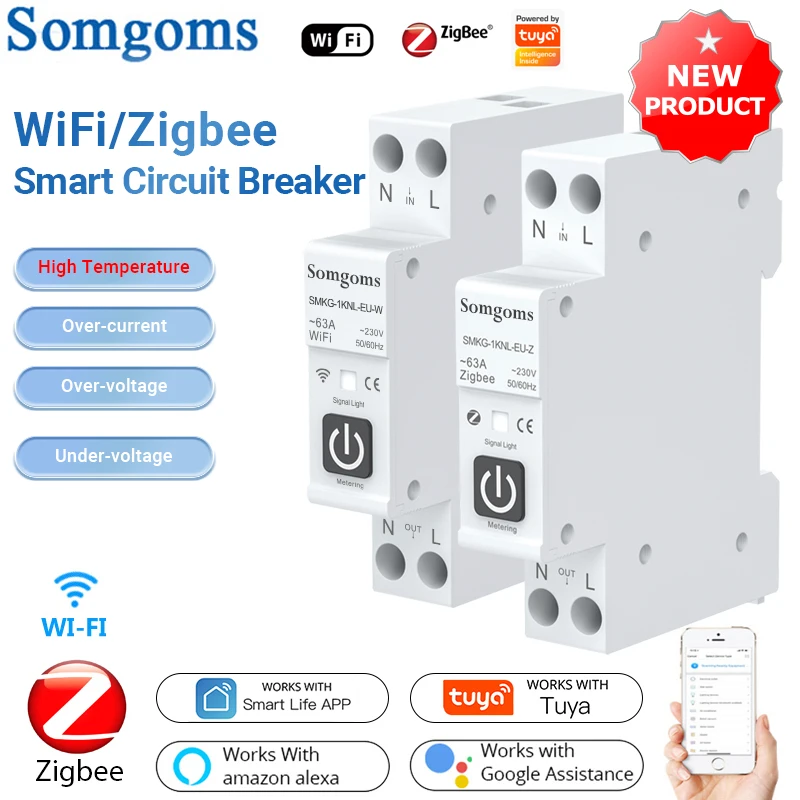 

Somgoms TUYA 63A 1P+N WIFI/Zigbee Smart Circuit Breaker With Metering Smart Home Wireless Remote Control Smart Life Alexa Google