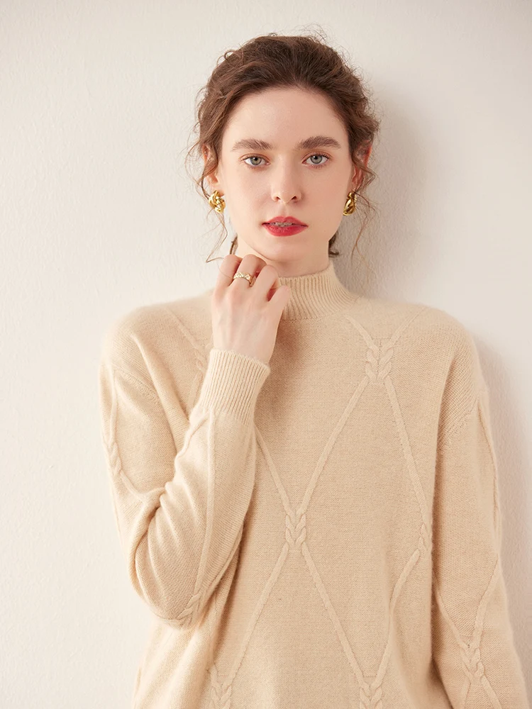 

Large Size Autumn Winter 100% Cashmere Sweater Women Mock-Neck Loose Pullover Thick Twisted Sweater Warm Loose Knitted Tops