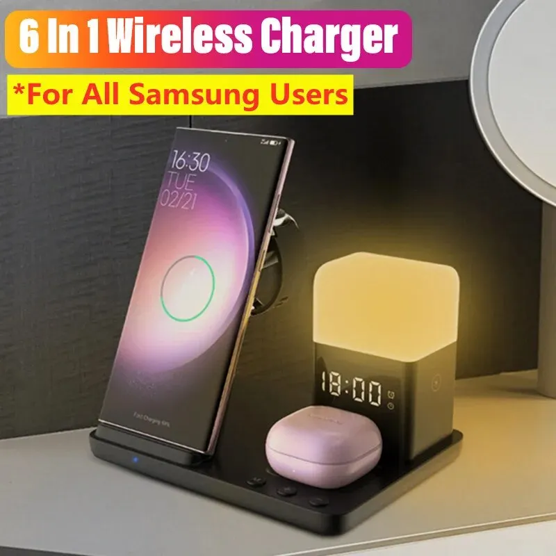 6 In 1 Wireless Charger Stand Alarm Clock Night Light Fast Charging Dock Station. 1