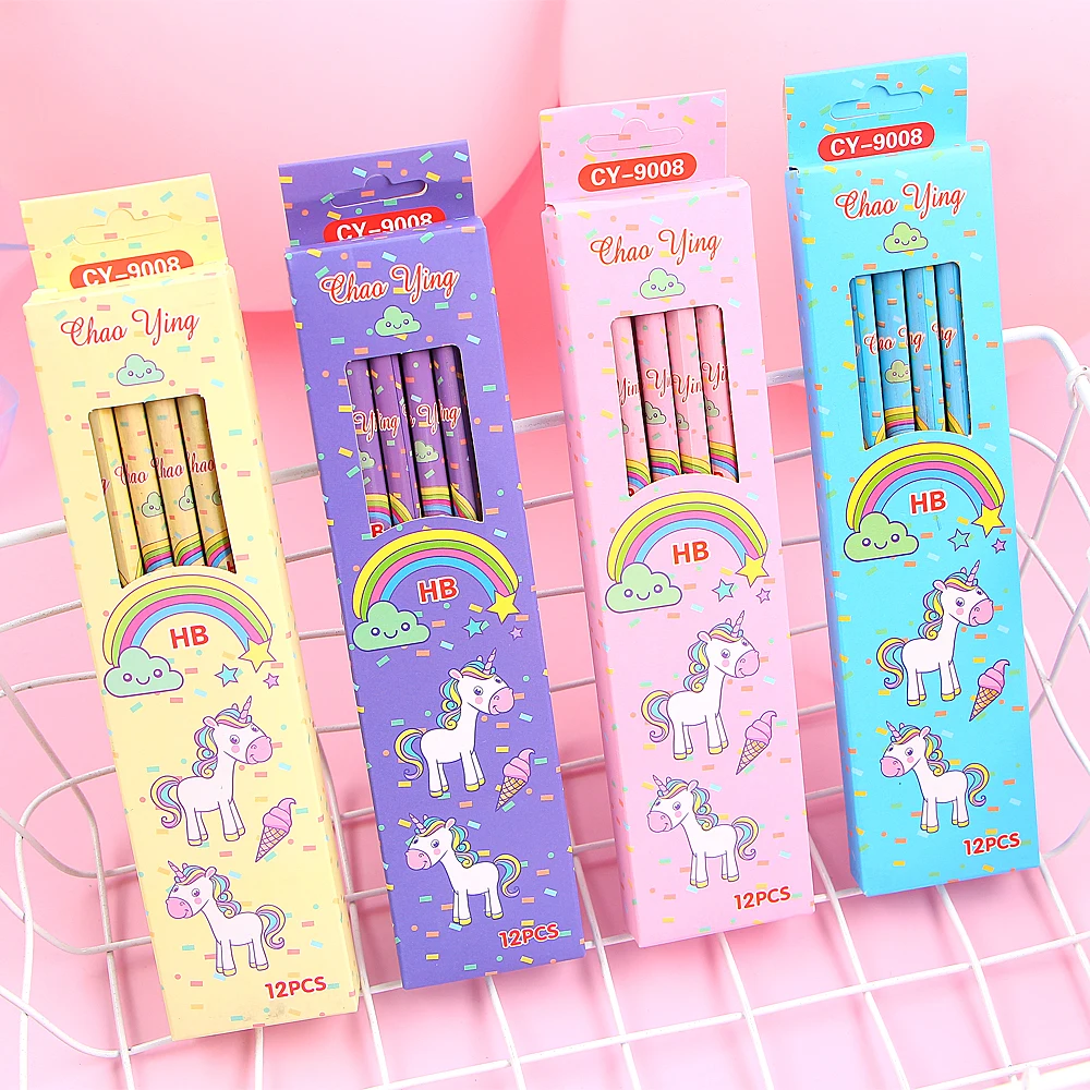 12Pcs/Set Cute Kawaii Cartoon Unicorn Pencil HB Sketch Items Drawing Stationery Student School Office Supplies for Kids Gift