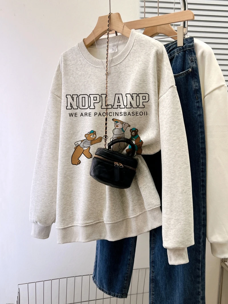 Women's O-Neck Cotton Sweater, Loose Large Plush Top, Thick Winter Pullovers, New Design Letter, Female Clothing, Autumn Fashion