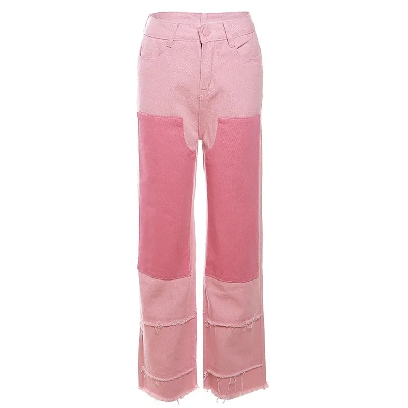 Color Patchwork High Waist Loose Casual Jeans for Women 2023 Autumn New High Waist Button Fly Straight Leg Pants Streetwear