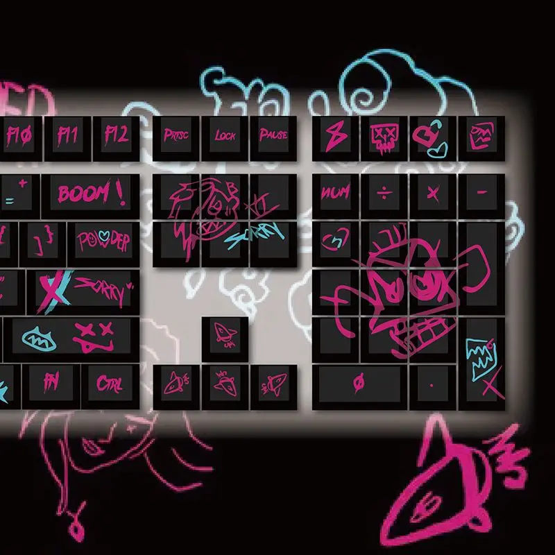 Lol Game Character Jinx Keycap Cereja Pbt 123 Chaves Teclado Mecânico Graffiti Cinco Lados Sublimação Térmica Diy