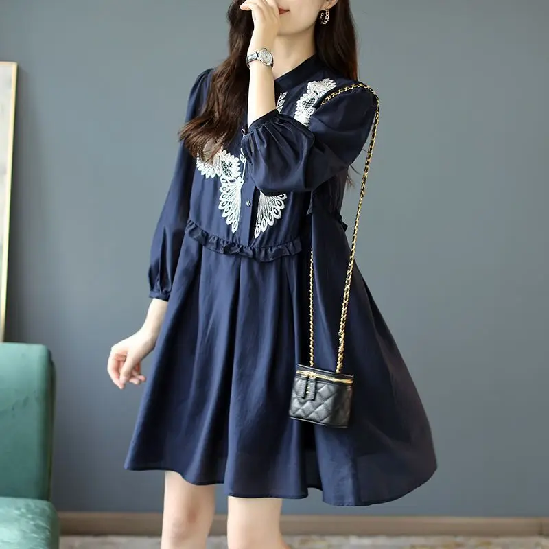 

Ruffle Vintage Embroidery Chic Elegant Dresses for Women Spring Autumn Korean Fashion Loose Casual Streetwear Midi Dress Vestido