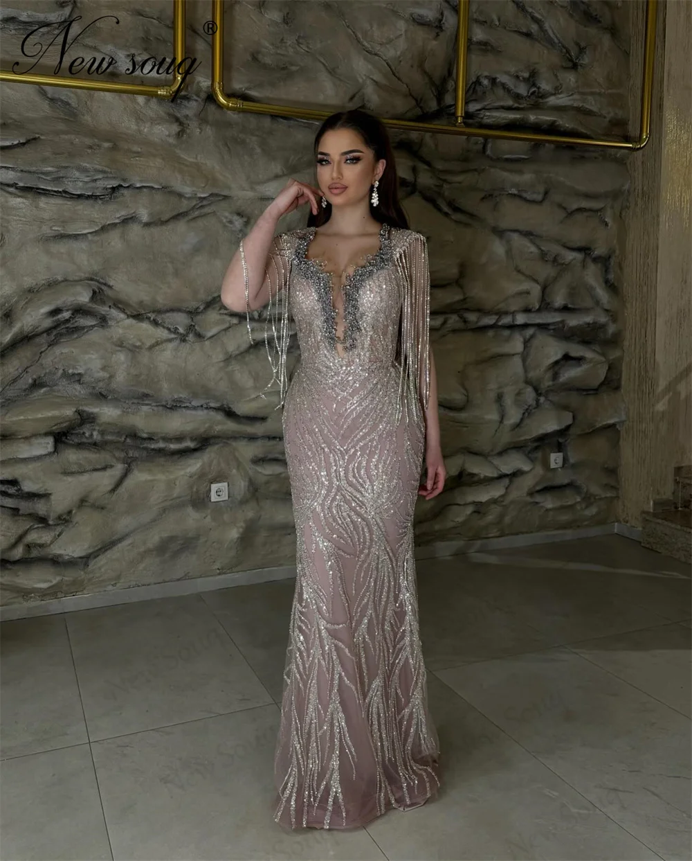 Haute Coutures Pink Beaded Evening Dresses Luxury Crystals Tassel Wedding Party Dress Dubai Prom Dress 2024 Vestidos De Cóctel