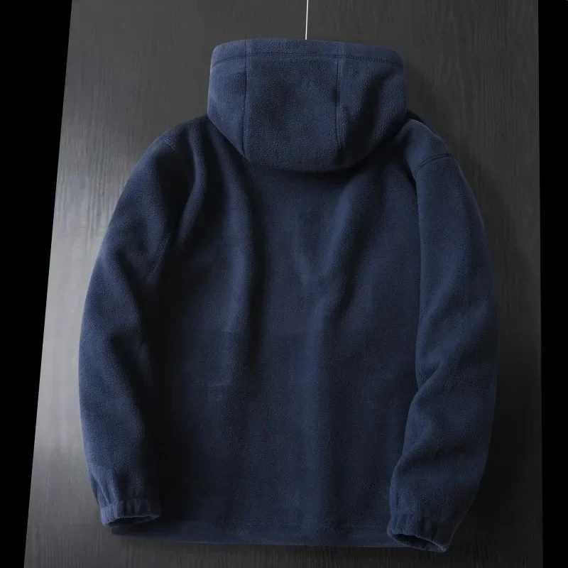 Winter Men's Fleece Hooded Jacket Pockets Solid Color Casual Polar Jacket Cold-Proof Warm Thickened Overcoat Plus Size Outwear