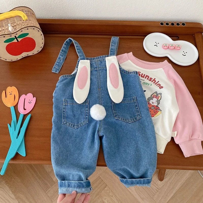 Kids Girls Overalls 0-6Years Bunny Ear Ball Loose Denim Jumpsuit