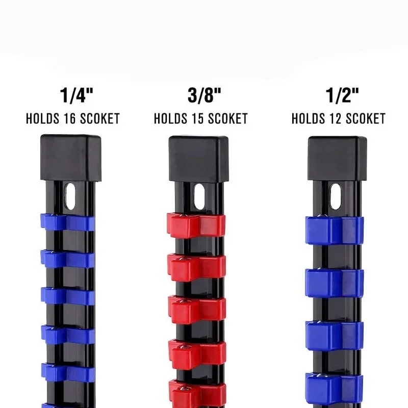 3 PCS Socket Organizer 1/2 3/8 1/4 inch Drive Socket Rail Holders Heavy Duty Socket Racks, Black Rails with Red Blue Black Clips 3