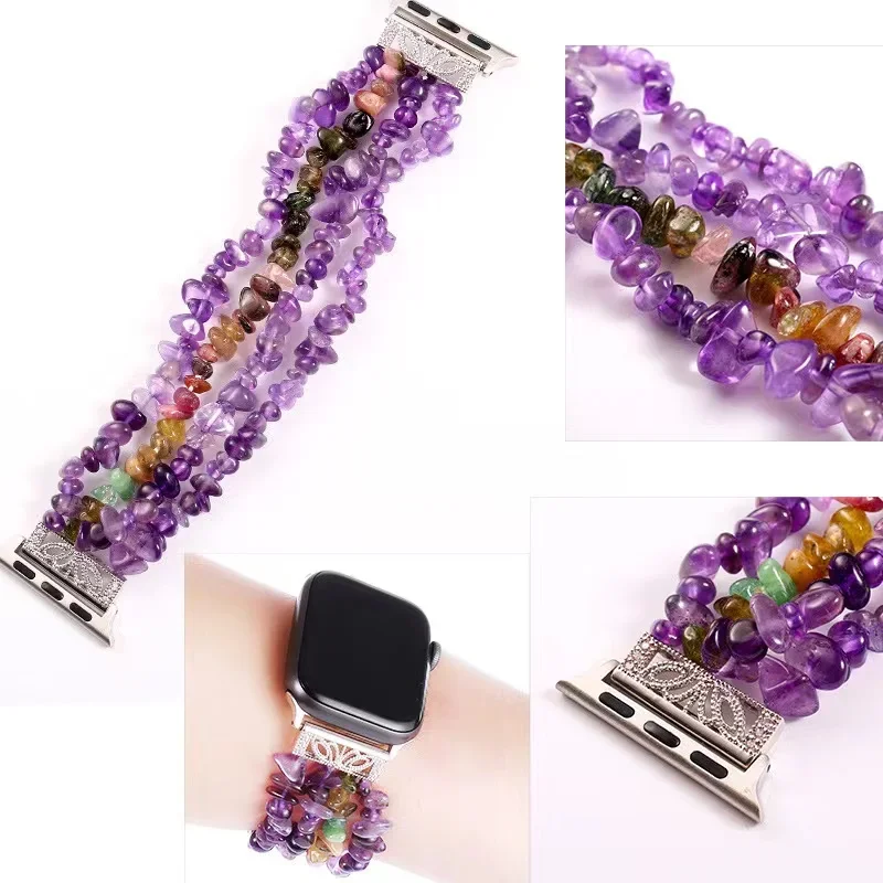 Natural stone Strap For Apple Watch 49mm 45mm 41mm 44mm 40mm 42mm Handmade Crystal Colored Stones bracelet iWatch 8 7 6 5 4 3 SE