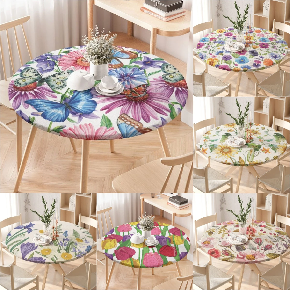 

Flower Round Tableclothes for Dining Table Floral Pattern Fitted Table Protector Cover Elastic Edge Cute Desk Decoration скатерт