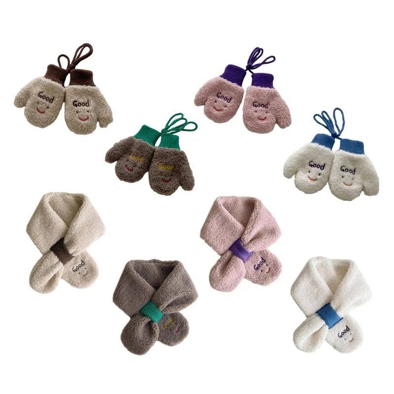 

Thick Plush Kids Full Finger Gloves Scarf set Children Lamb Wool Scarf Gloves