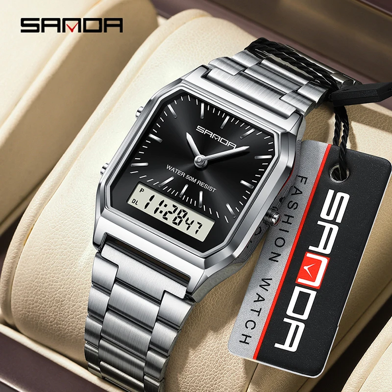 SANDA 747 LED Digital Dual Display Clock Waterproof Sports Luxury