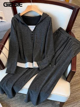 GIBSIE Plus Size 2 In 1 Button Detail Hooded Long Sleeve Top Autumn Women Drawstring Wide Leg Pants Sports Casual 2 Pieces Set