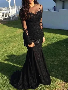 Mermaid / Trumpet Evening Gown Sparkle Dress Homecoming Sweep / Brush Train Long Sleeve Illusion Neck Lace with Appliques 2023 1