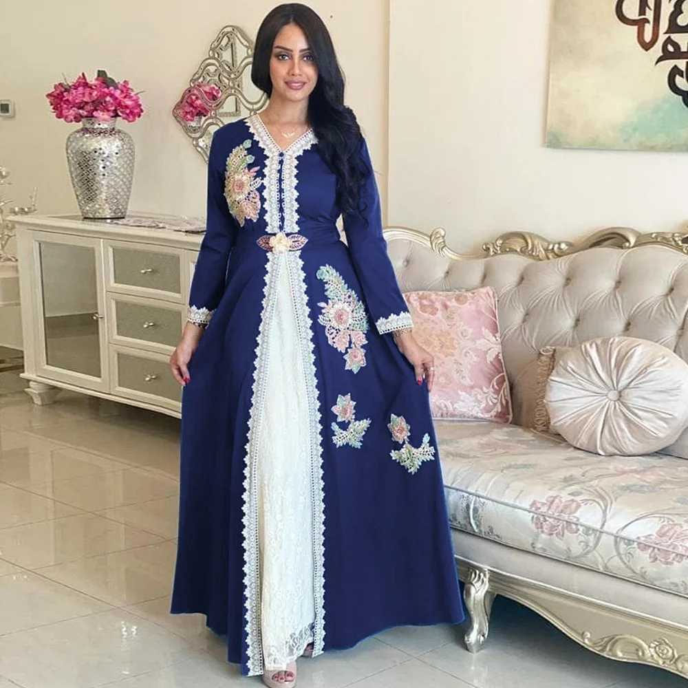 

Kaftan Women's Abaya Dubai Muslim Evening Dresses 2022 Fashion Embroidered Flower Lace Belt V-neck Temperament Party Dresses