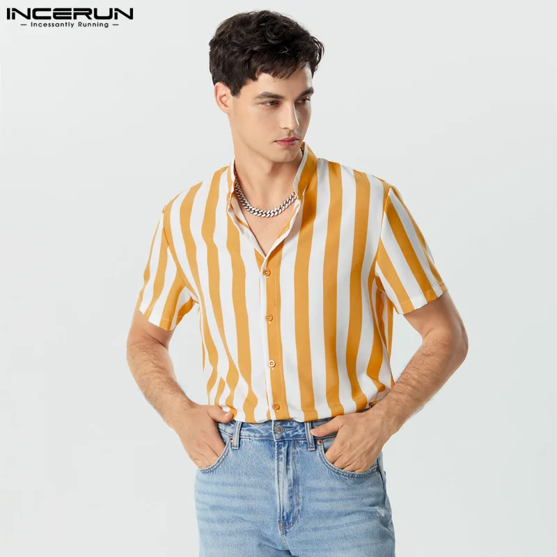 INCERUN Men Striped Shirt Stand Collar Short Sleeve Casual Men Clothing Harajuku Streetwear Summer Leisure Shirts S-5XL casual short sleeved shirt short sleeved shirt