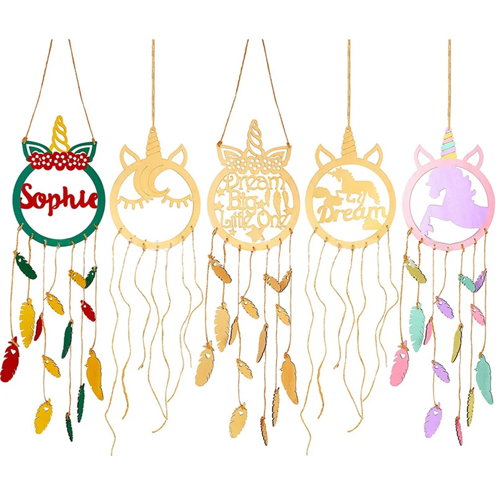 Mini Handmade Wind Chimes Unicorn Wooden Feather Dream Catcher Wall Decoration Can Be Graffiti Home Children's Room Decoration